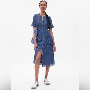 Gap × LoveShackFancy Denim Tiered Midi Dress